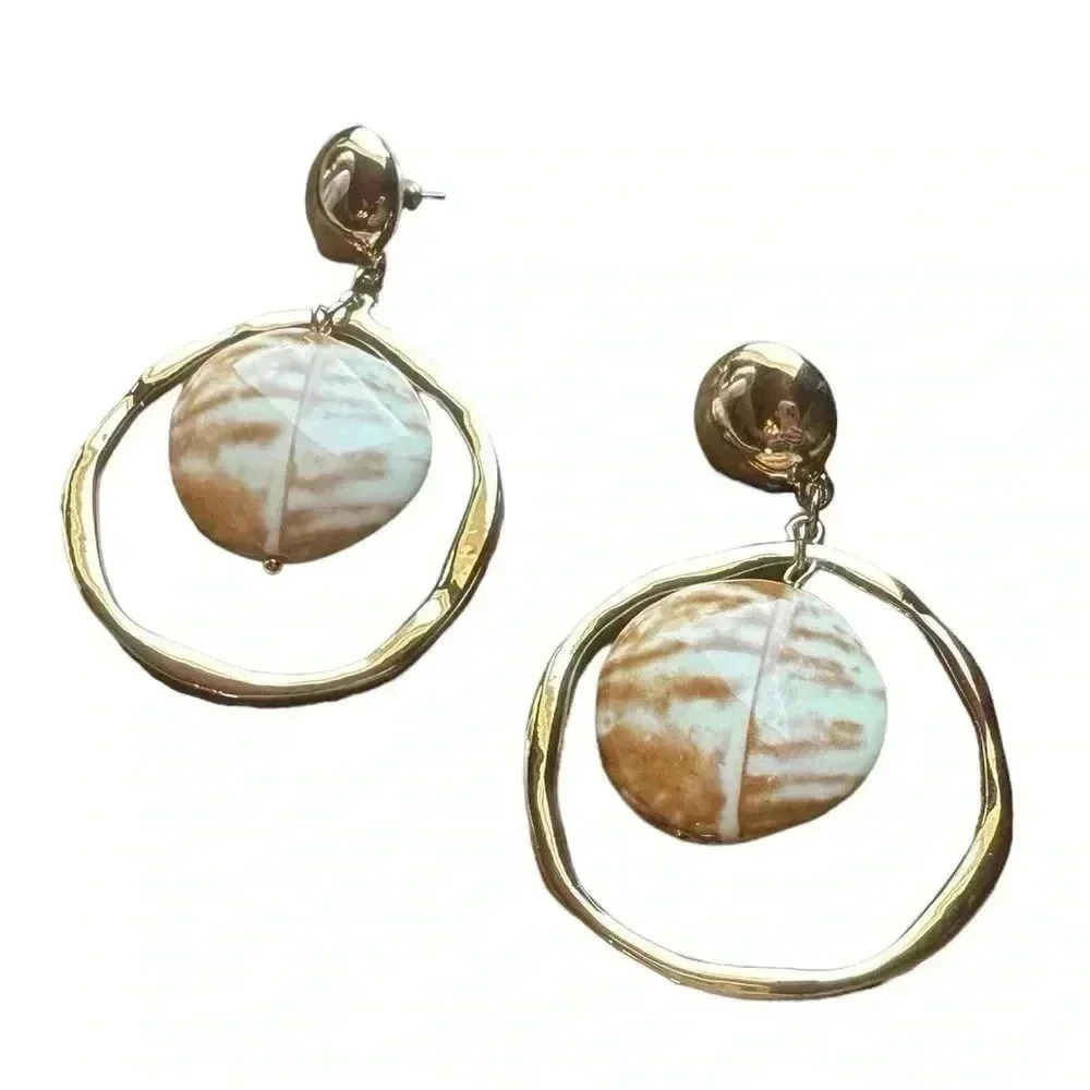 Large Hammered Circle With Shell Drop Earrings - image 1